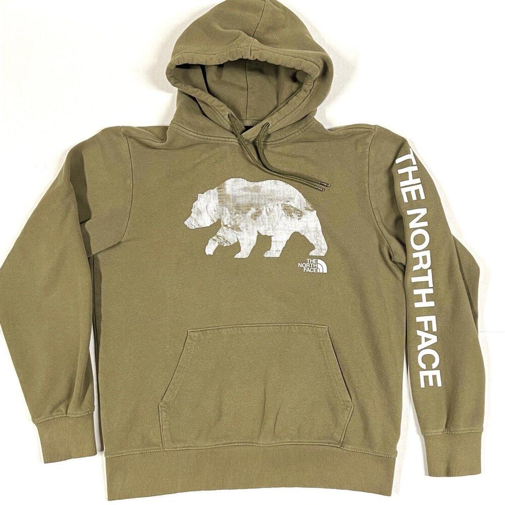 The North Face Pull Over Hoodie Bear Logo Spell Out Sz Medium M Green - Picture 1 of 9